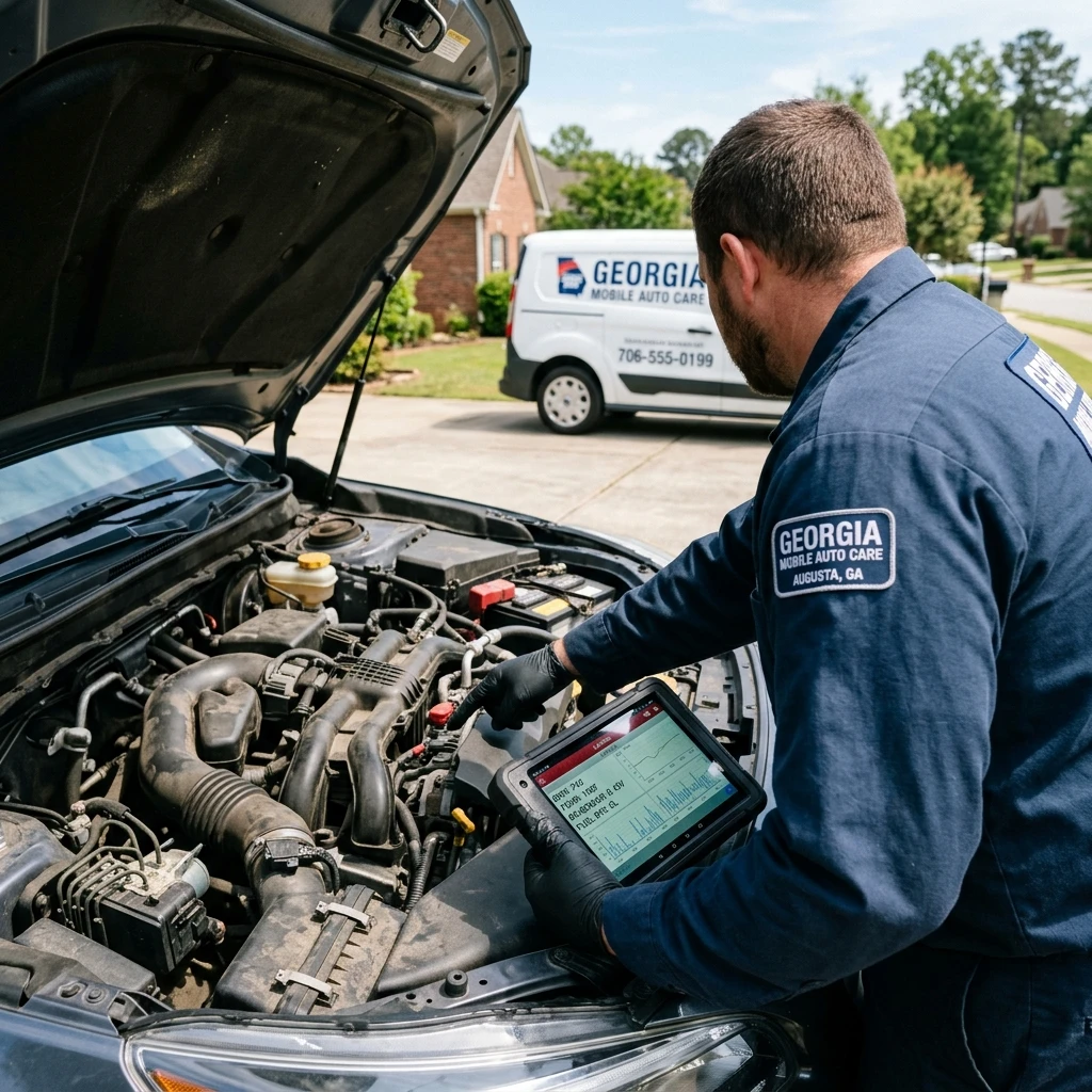 Professional mechanic performing diagnostics with a tablet
